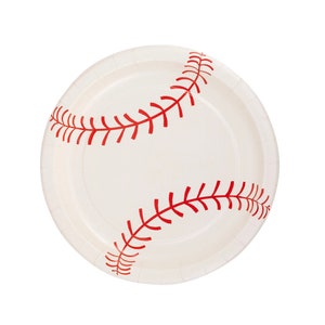 May include: White paper party plate with a red baseball stitch design.
