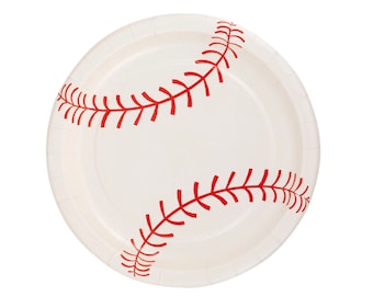 Op de afbeelding: Wit papieren bord met een rood honkbal steekontwerp.