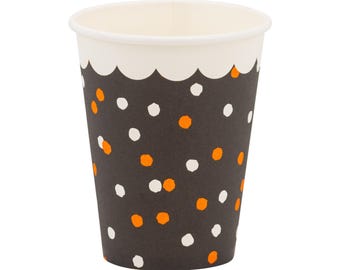 Halloween Paper Cups 8ct - Tricks & Treats Party Cups | Black Orange Polka Dot Cups 12oz Disposable Tableware