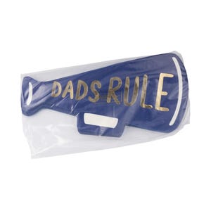 K&ouml;nnte beinhalten: Eine blaue und goldene Papier-Partydekoration in Form eines Megaphons mit dem Text "Dads Rule".