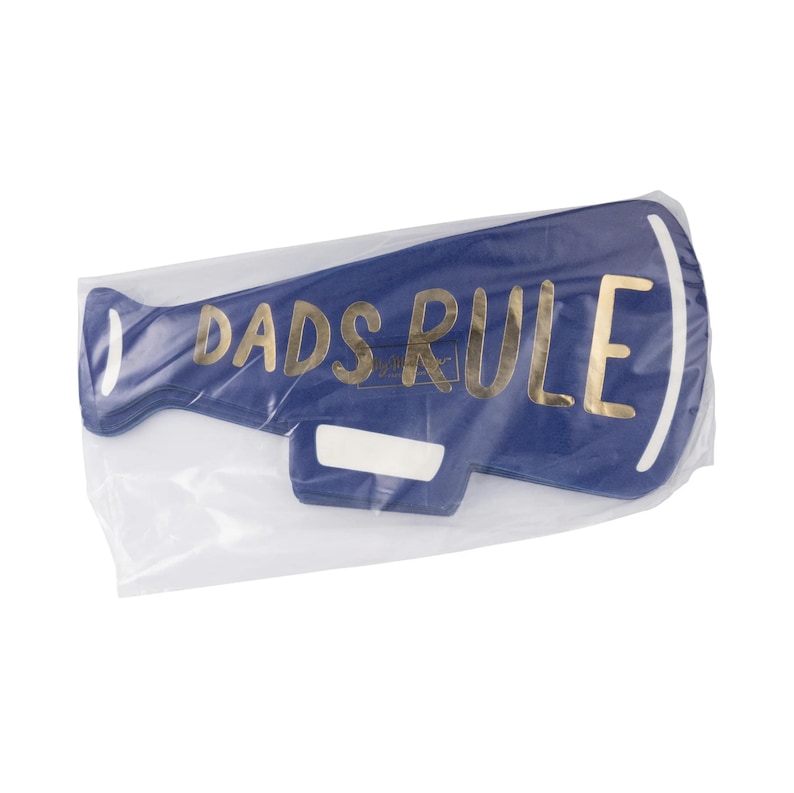 K&ouml;nnte beinhalten: Eine blaue und goldene Papier-Partydekoration in Form eines Megaphons mit dem Text "Dads Rule".