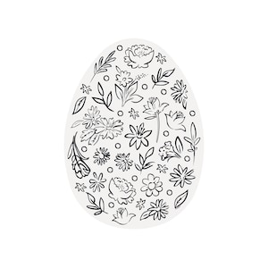 May include: A white egg-shaped design with black floral patterns. The design features various flowers, leaves, and dots.