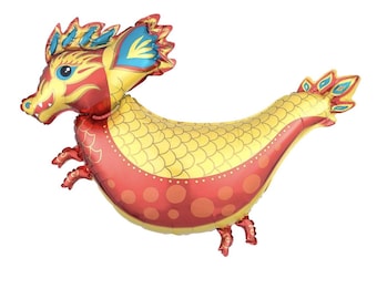 May include: A colorful dragon-shaped balloon. The balloon features a yellow body with red accents and a detailed dragon head. The dragon's head is red and yellow with blue and gold accents. The balloon is designed to float.