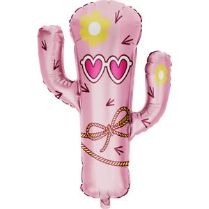 Pink Cactus Foil Balloon – 34&quot; Cowgirl Birthday Balloon with Heart Sunglasses & Flowers, Western Party Decoration, Pink Rodeo Birthday Decor