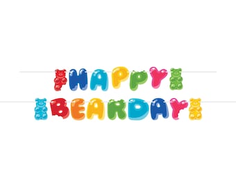 Verjaardagsbanner met gummibeertjes, snoepslinger, regenboog snoepfeestdecoratie, voorgemonteerde 2-delige papieren banner