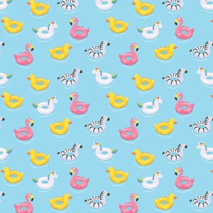 May include: A seamless pattern featuring various inflatable pool floats on a light blue background. The floats include a flamingo, a unicorn, a zebra, and a duck.