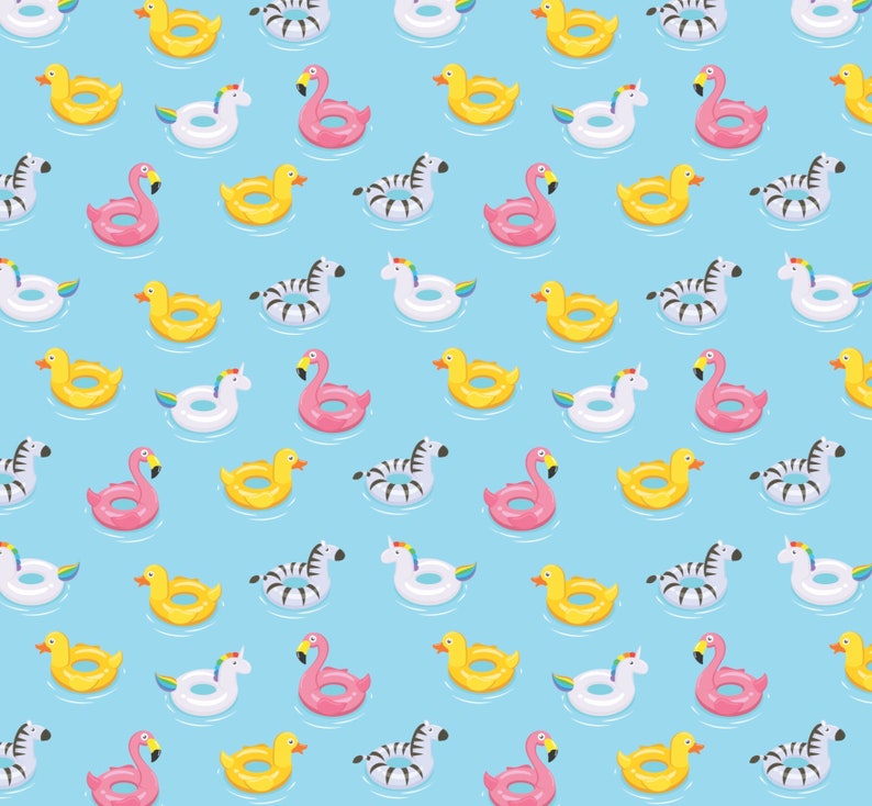 May include: A seamless pattern featuring various inflatable pool floats on a light blue background. The floats include a flamingo, a unicorn, a zebra, and a duck.