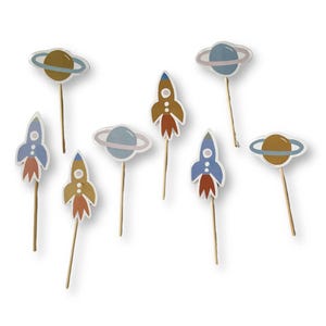 Rocket & Planet Cupcake Toppers 8ct - Space Birthday Decorations, Planet Party Supplies, Astronaut Baby Shower, Galaxy Birthday, Party Picks