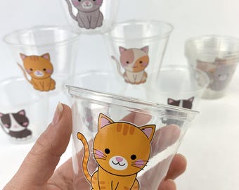 Vasos de plástico para fiesta de gatos, juego de 12 (236 ml) transparentes con adorables calcomanías de gatitos, ideal para cumpleaños de gatos, fiestas de mascotas, cumpleaños de niñas, helados y recuerdos.