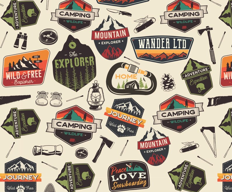 May include: A seamless pattern featuring colorful vintage-style badges and illustrations related to camping, adventure, and nature. The design includes text such as "Camping - Wildlife", "Adventure - Expedition", "Wild & Free Explorer", "Mountain Explorer", "Wander LTD", "Journey Wild Free", "Home", "Peace Love Snowboarding", and "The Explorer".