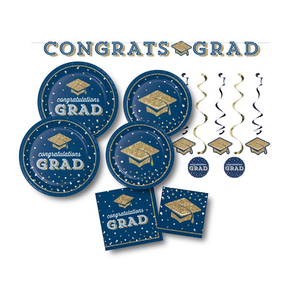 Graduation Party Pack, Navy & Gold Graduation, Graduation Party Supplies, Paper Plates, Paper Napkins, Banner, 2024 Graduation Decorations