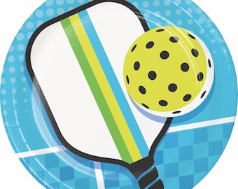 Pickleball feestborden, 8 stuks papieren dinerborden van 23 cm, servies met racket- en balmotief voor een verjaardag, blauwgroene sportfeestartikelen