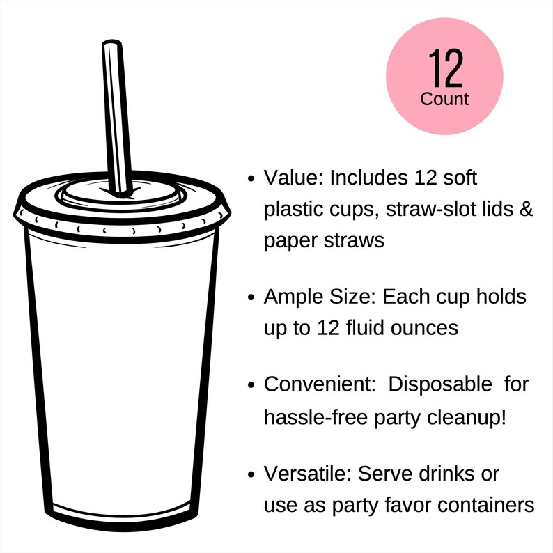 K&ouml;nnte beinhalten: Eine Schwarzwei&szlig;illustration eines Einwegbechers mit einem Strohhalm. Der Text "12 Count" befindet sich in einem rosa Kreis. Der Text unter dem Bild lautet: "Wert: Enth&auml;lt 12 weiche Plastikbecher, Strohhalm-Schlitze und Papierstrohhalme. Ausreichende Gr&ouml;&szlig;e: Jeder Becher fasst bis zu 12 Fl&uuml;ssigunzen. Praktisch: Einweg f&uuml;r eine problemlose Partyreinigung! Vielseitig: Getr&auml;nke servieren oder als Beh&auml;lter f&uuml;r Partygeschenke verwenden."