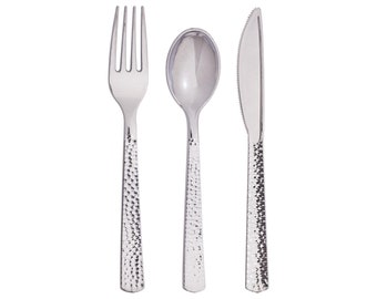 24-Set Hammered Plastic Cutlery - Silver Cutlery, Wedding Cutlery, Bachelorette Party, Birthday Party, Baby Shower, Silver Anniversary