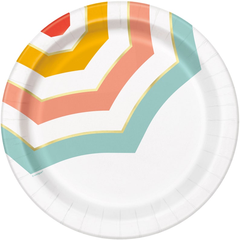 May include: White paper party plates with a geometric design in shades of yellow, orange, pink, and blue. The design features a series of curved lines that create a modern and abstract look.