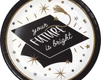 Black & Gold Graduation Plates - 9" Paper Plates, Set of 8, Class of 2026 Party Supplies, Your Future is Bright