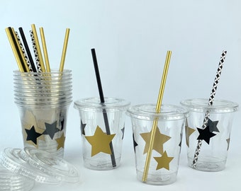 Black & Gold Star Cups, Einweg-Plastikbecher, Party Favor Container, Abschlussfeier Zubehör, Geburtstagsfeier Dekor, Trinkbecher