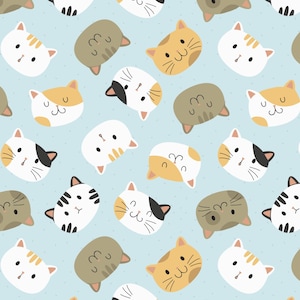 May include: A seamless pattern featuring various cartoon cat faces in different colors and patterns on a light blue background.