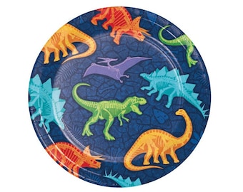 May include: Blue paper plates with a dinosaur pattern. The dinosaurs are skeletons in various colors, including orange, green, purple, and yellow.