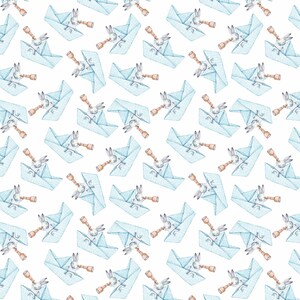 Puede incluir: Patr&oacute;n de acuarela repetido de barcos de papel azul claro, cada uno con un conejo blanco sosteniendo un catalejo marr&oacute;n. Los conejos miran a trav&eacute;s de los catalejos. El fondo es blanco. Ideal para productos infantiles.