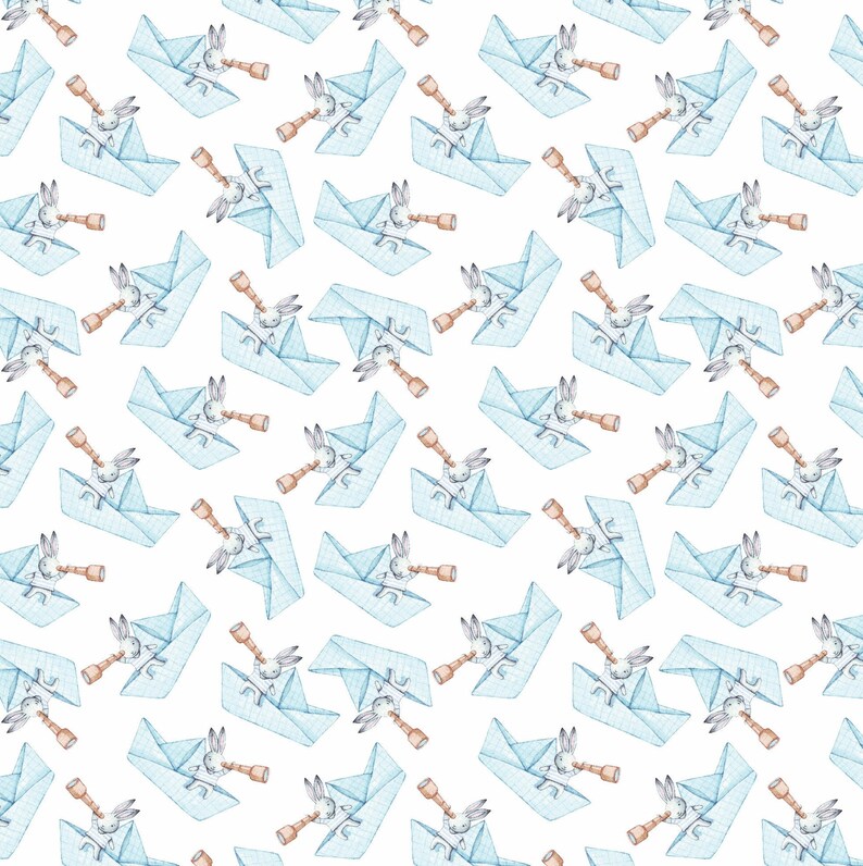 Puede incluir: Patr&oacute;n de acuarela repetido de barcos de papel azul claro, cada uno con un conejo blanco sosteniendo un catalejo marr&oacute;n. Los conejos miran a trav&eacute;s de los catalejos. El fondo es blanco. Ideal para productos infantiles.