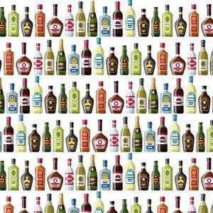 May include: A seamless pattern of various coloured glass bottles with different labels. The bottles are arranged in rows and columns, creating a repeating pattern.