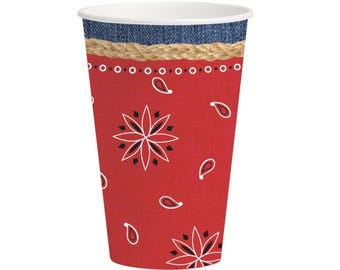 Red Western Bandana Cups 8ct, 12 Unzen Papier Trinkbecher - Rodeo Geburtstagsbecher Western Party Zubehör Cowboy Geburtstag Letzte Rodeo Wild West Party