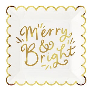 Merry & Bright Party Plates - Christmas Party Supplies, White Gold Holiday Tableware, Christmas Dinner Paper Plates, Holiday Supplies