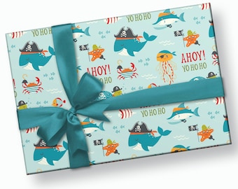 Pirate Wrapping Paper - Shark Wrapping Paper, Ahoy Baby Shower, Shark Birthday Party, Children's Gift Wrap, Ocean Party, Gift Wrap for Kids