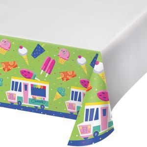 May include: Green plastic tablecloth with a repeating pattern of ice cream cones, popsicles, watermelon slices, and ice cream vans. The text "Summer Sweets" is printed on the ice cream van.