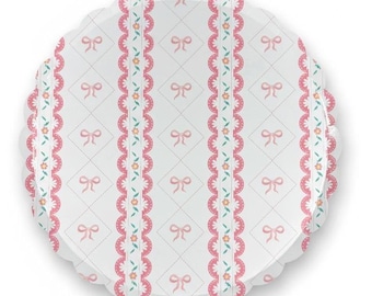 Roze strik feestborden 10 inch, coquette feestartikelen, dinerborden babyshower, theekransjes, bloemen geschulpte borden, 8 count