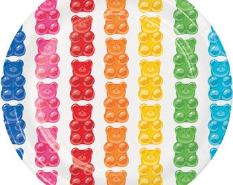 Dessertbordjes met gummibeertjes, snoepbordjes van 18 cm voor feestjes, 8 regenboogbeertjes taartbordjes, kleurrijk verjaardagsservies