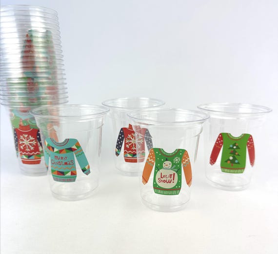 Ugly Sweater Christmas Cups 24ct – 12oz Clear Plastic Disposable Cups Funny Holiday Party Drinkware Festive Sweater White Elephant Party