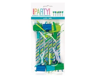 May include: A package of 6 green and blue party blowouts with silver and green striped paper. The package says "Unique Party! Blowouts, Sifflets Serpentin 6 CT/UN."