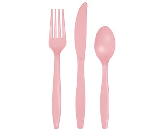 24-Set Plain Cutlery - Pink Party Supplies, Gender Reveal, Baby Shower, Pink Party Decor, Pink Birthday, Unicorn Party, Pink Baby Shower