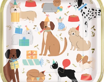 Platos de papel para cumpleaños de perros, paquete de 8 – Platos cuadrados de 23 cm, vajilla para fiestas de cachorros, platos con temática de perros para fiestas de mascotas, decoración de cumpleaños para perros
