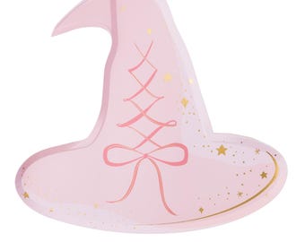 May include: A pink witch hat-shaped paper plate with a gold trim and gold star accents. The hat features a pink corset design with a bow. Perfect for a Halloween or fantasy-themed party.