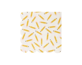 May include: White paper napkins with a scalloped edge and a repeating pattern of yellow pencils with pink erasers.