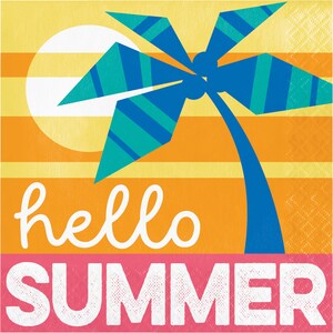 May include: A square napkin with a summer theme. The design features a blue palm tree, a yellow sun, and horizontal orange and yellow stripes. The words "hello SUMMER" are written in white script.