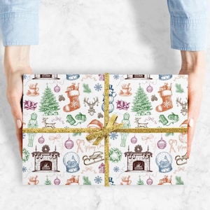 Papel de embrulho com tema vintage de Papai Noel, quebra-nozes, boneco de neve, lareira, trenó, meia, veado, papel de embrulho para festas, papel nostálgico de Feliz Natal
