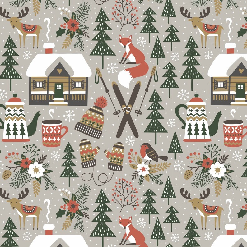 May include: A seamless pattern featuring a winter wonderland scene with a variety of elements, including houses, trees, reindeer, foxes, birds, and winter accessories. The pattern is set against a light gray background with snowflakes.