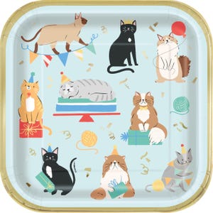 Assiettes en carton pour anniversaire de chat, 23 cm à 8 carats, avec feuille d'or, décoration de fête chaton, vaisselle d'anniversaire de chaton