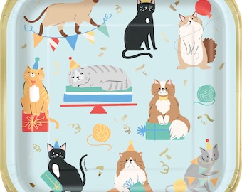 Platos de papel para cumpleaños de gatos (23 cm, 8 unidades) con lámina dorada, decoración para fiestas de gatitos, vajilla para cumpleaños de gatitos