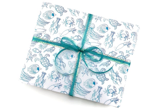 Recycled Wrapping Paper, Turtle Ocean Aquamarine, Eco Friendly Inks,  Plastic Free 