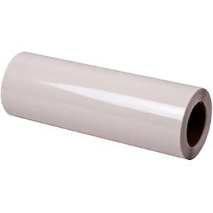 May include: A roll of white vinyl material. The roll is cylindrical, with a glossy surface. The core of the roll is visible at the end, revealing a brown cardboard interior. The vinyl appears to be new and unused.