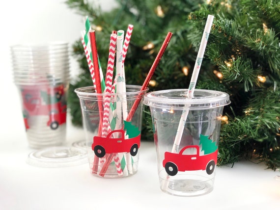 Christmas Cups - Party Cups, Red Truck Tree, Christmas Party, Christmas Truck, Holiday Party, Office Party, Christmas Party Supplies