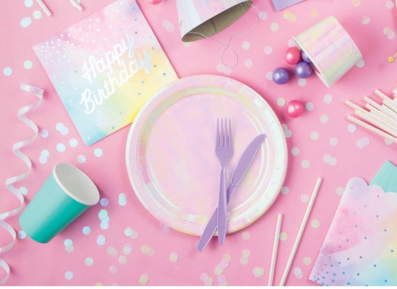 Iridescent Party Supplies Decorations Serve 50, Holographic Paper Plates an Iridescent Party Hats