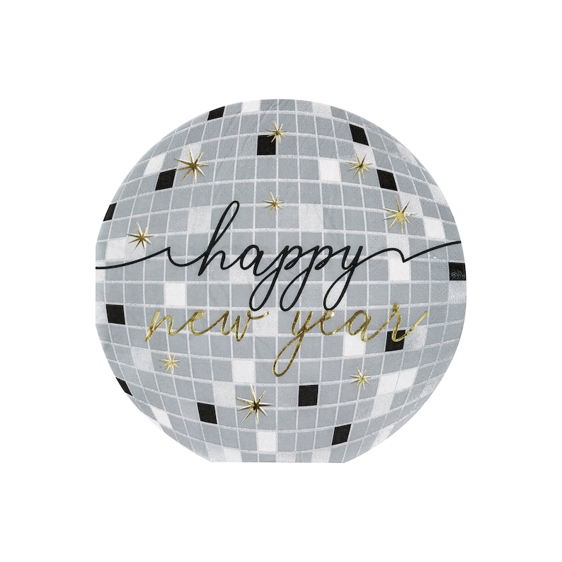 May include: A silver disco ball with black squares and gold stars. The text "happy new year" is written in black cursive on the ball.