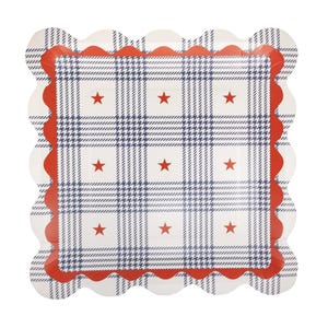 Platos llanos festoneados estilo Americana, platos de papel patrióticos, platos para fiestas en rojo, blanco y azul, vajilla con temática americana, paquete de 8 unidades, tamaño grande de 28 cm (11").