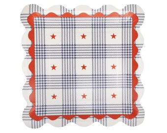 Amerikaanse dinerborden met geschulpte rand, patriottische papieren borden, rood-wit-blauwe feestborden, Amerikaans thema servies, 8 stuks, groot formaat (28 cm)